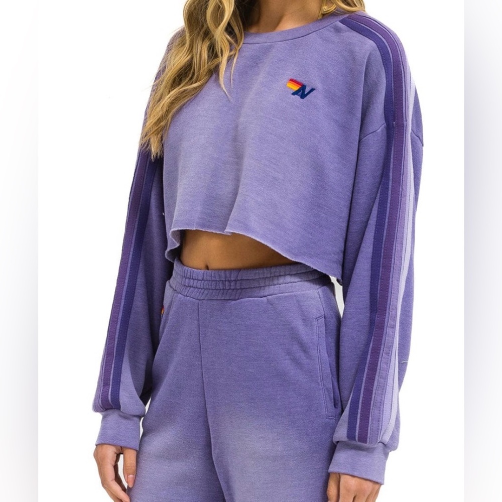 Aviator Nation CLASSIC STRIPE CROPPED CREW SWEATSHIRT RELAXED - FADED GRAPE sz m